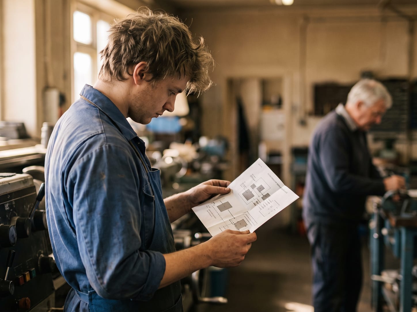 Junger Techniker liest an einer Maschine eine einseitige Arbeitsanweisung, im Hintergrund ein älterer Kollege an der Werkbank