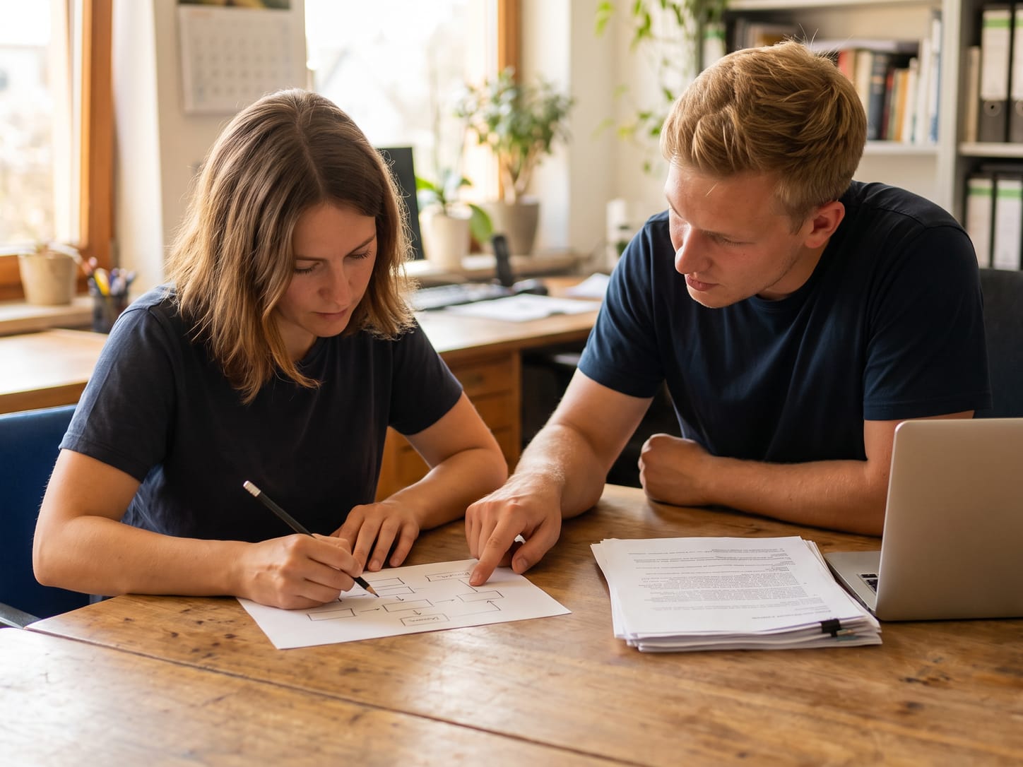 Zwei Personen skizzieren an einem Bürotisch einen Arbeitsablauf auf Papier