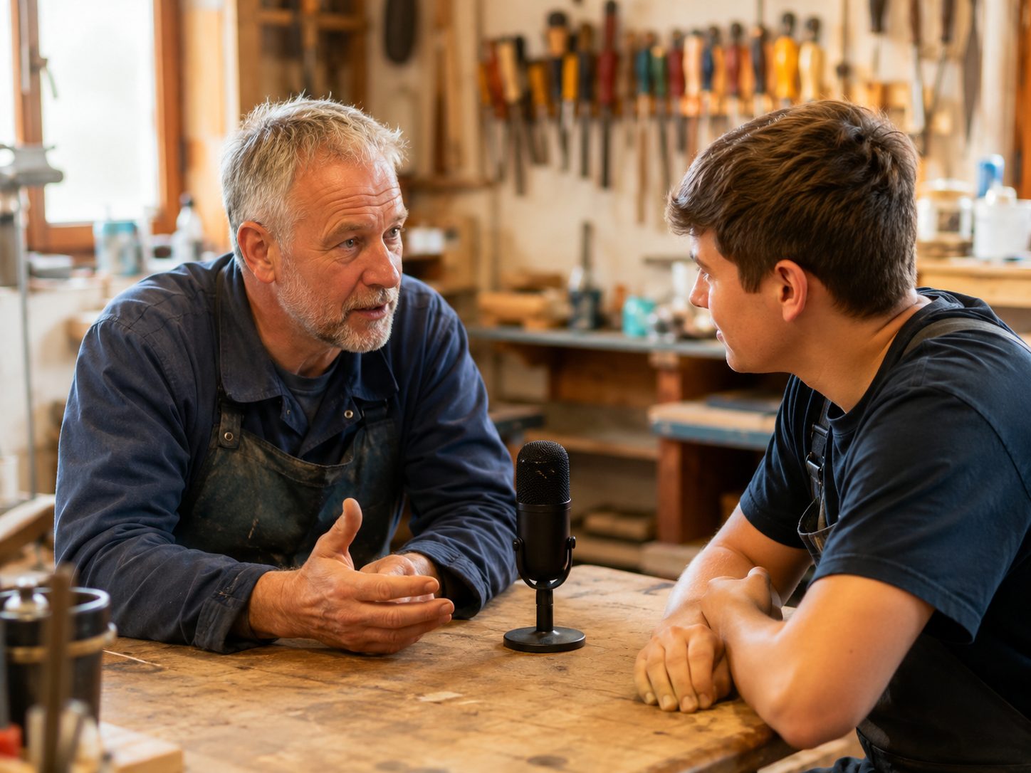 Meister und Azubi im Gespräch in der Werkstatt